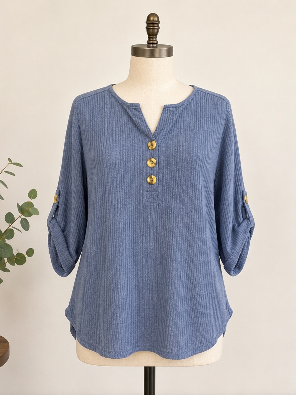 Blue Ribbed Button-Up Top - Picture 2 of 4